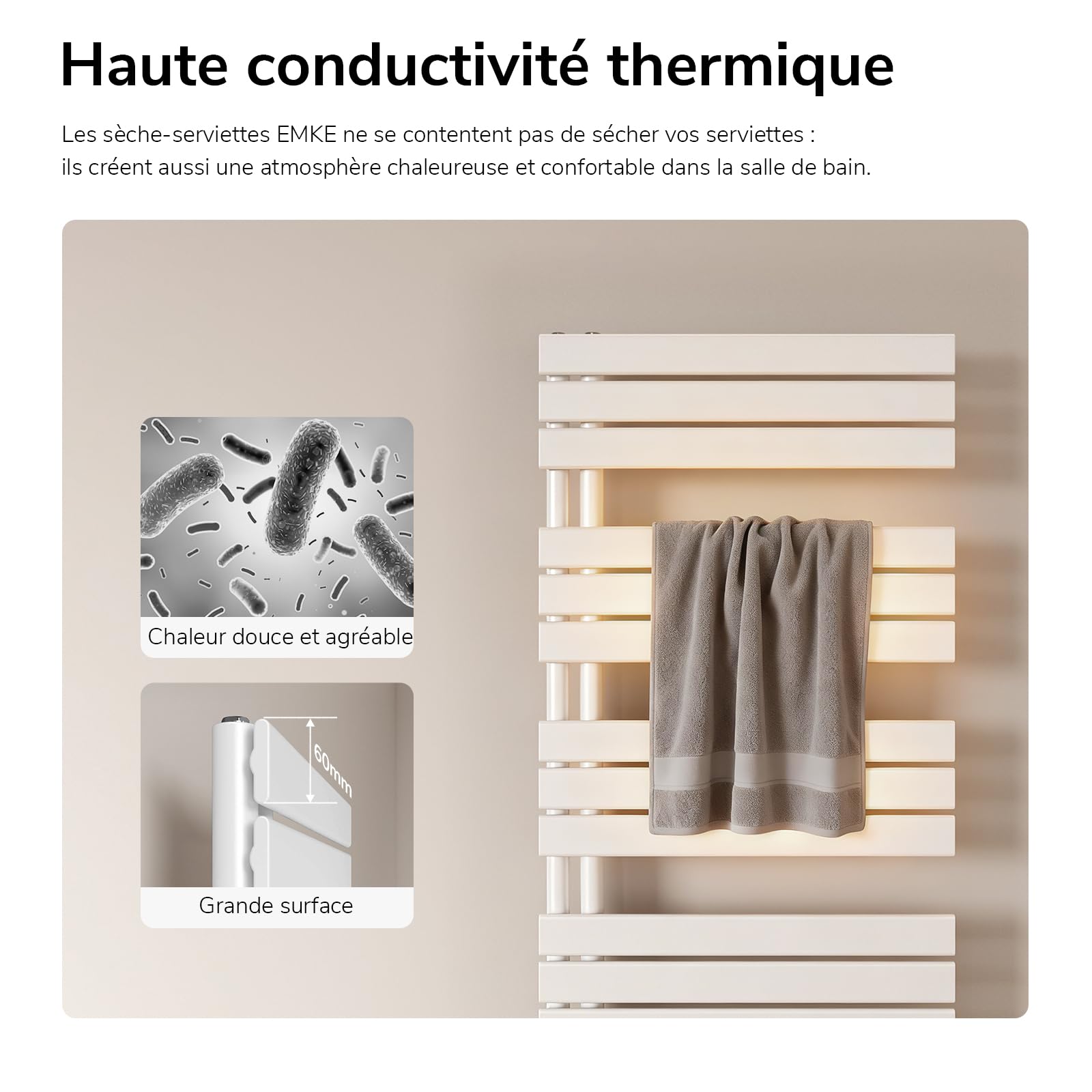 EMKE Sèche-Serviettes à Eau Chaude 762 x 500 mm Blanc, 397 W | Radiateur de Salle de Bain pour Chauffage Central, Raccordement Latéral, Porte-Serviettes Mural Design Moderne