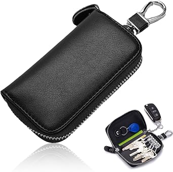 Pocket Key Holder Unisex Premium Leather Car Key Case with 6 Hooks Zipper Closure Keychain Wallet Fob Storage Pouch Purse Bag Ring Wallets for Men and Women Leather Key Holder for Car Keys