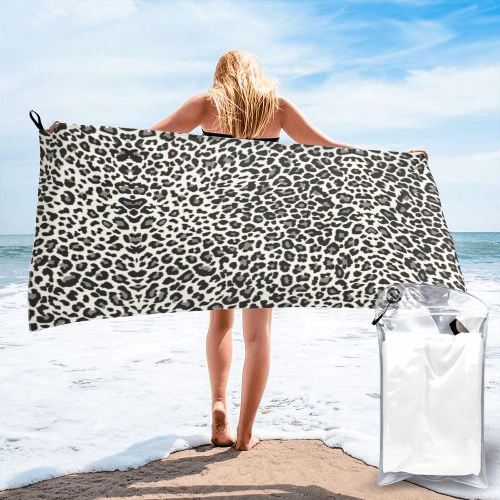 SDEGTHO Black Leopard Print Print Beach Towel Quick Dry Portable For Swimming Yoga Adults Fitness