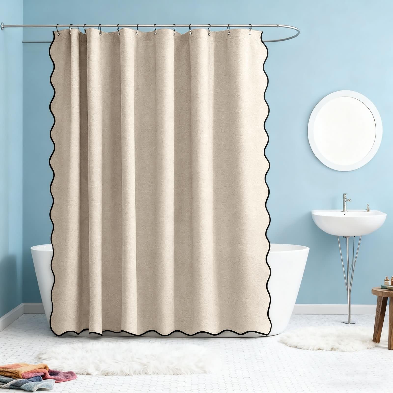 Duschvorhang 180x200cm Polyester Schimmelresistent mit 12 Ringen | Einfarbig Beige mit Schwarz Welle,Wasserabweisende Textilien,Rostfreie Ösen,Blickdicht für Bad Wanne Hotel Ferienwohnung