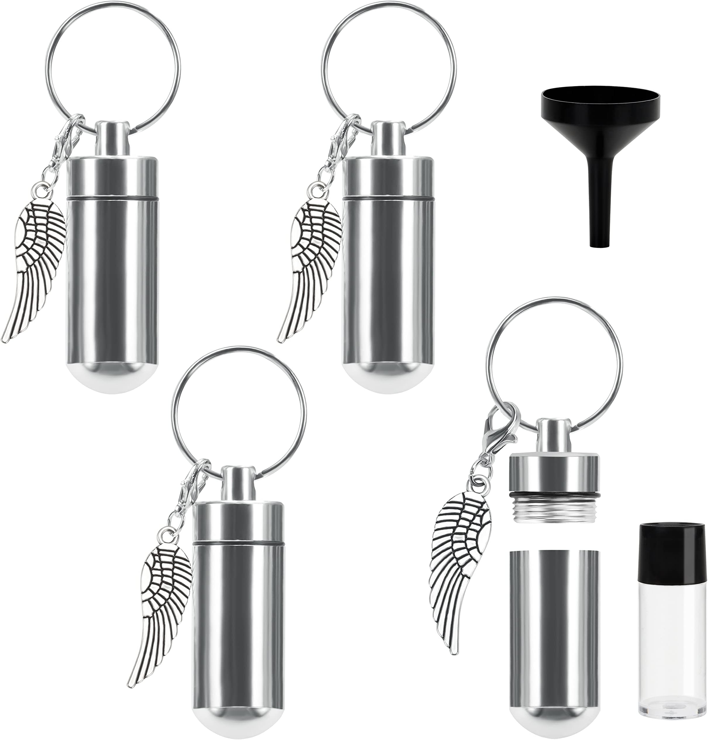 Belle Vous Silver Cremation/Funeral Keepsake Pendant (4 Pack) - 4.9cm / 1.93 inches - Aluminium Alloy Angel Wing Urn for Ashes - Jewellery Vial for Memorial Keychains/Necklaces