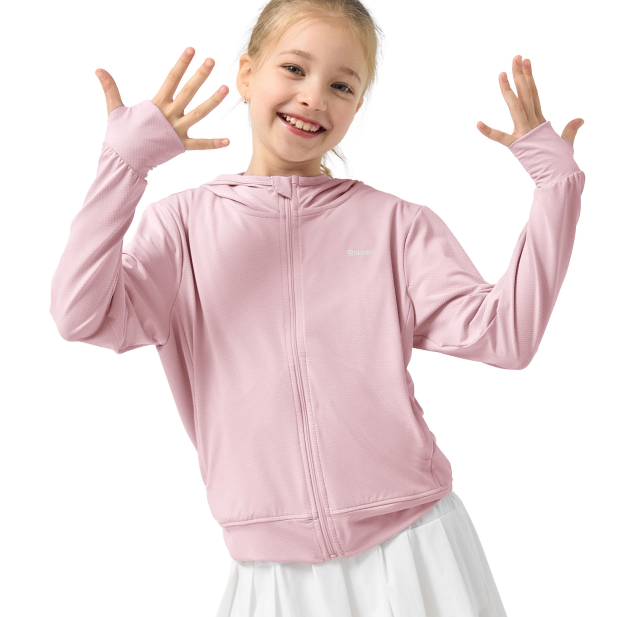 Rolanko Mädchen Sommerjacke mit Daumenlöchern Langarm Sonnenschutz Schnell Trocknend Reißverschluss Hoodie Kinder Rash Guard Tops