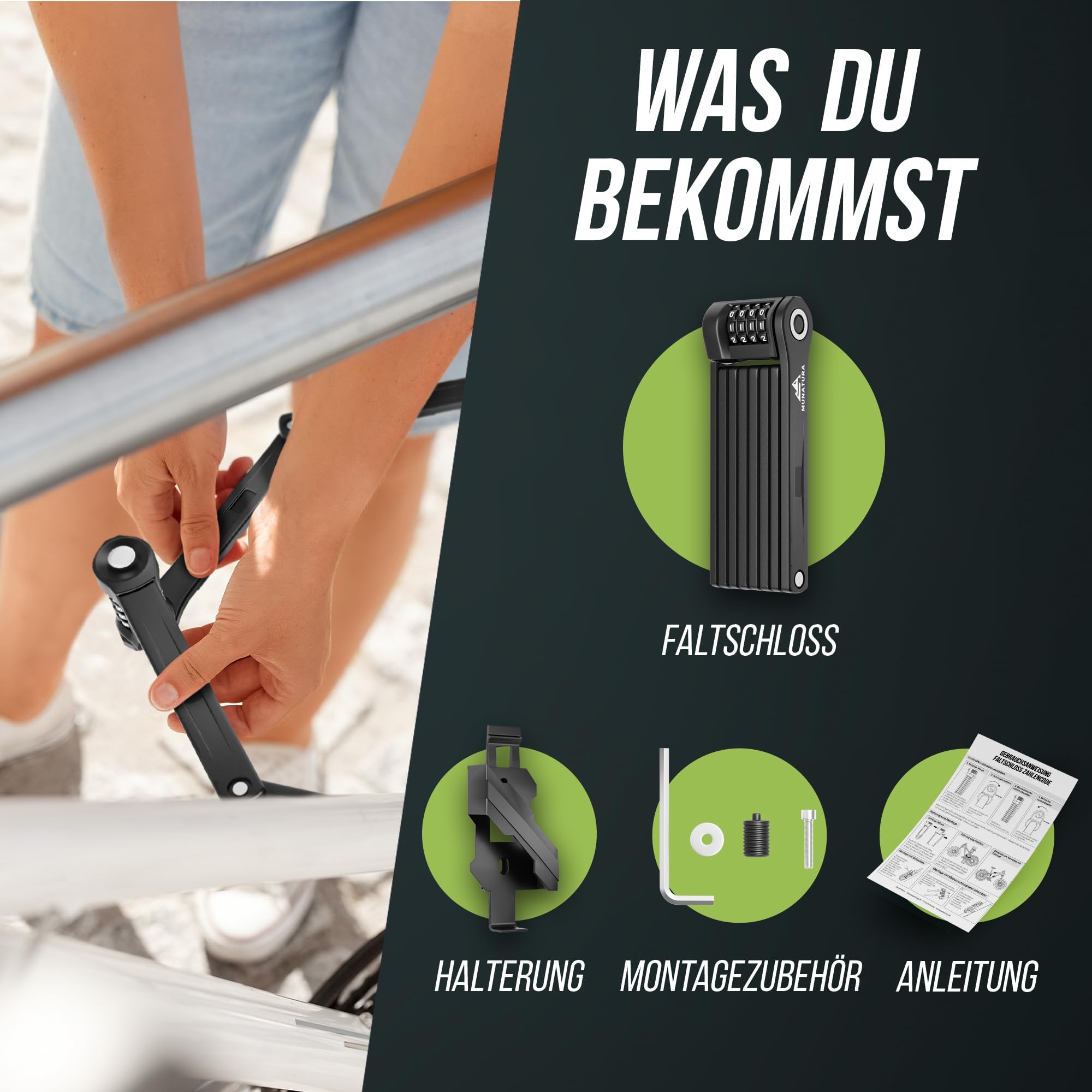 MUNATURA Faltschloss Fahrrad Diebstahlsicher [120cm] - Fahrradschloss hohe Sicherheit mit Halterung - Radschloss Zahlenschloss, Fahrrad schloss Faltschloss, bike lock, ebike