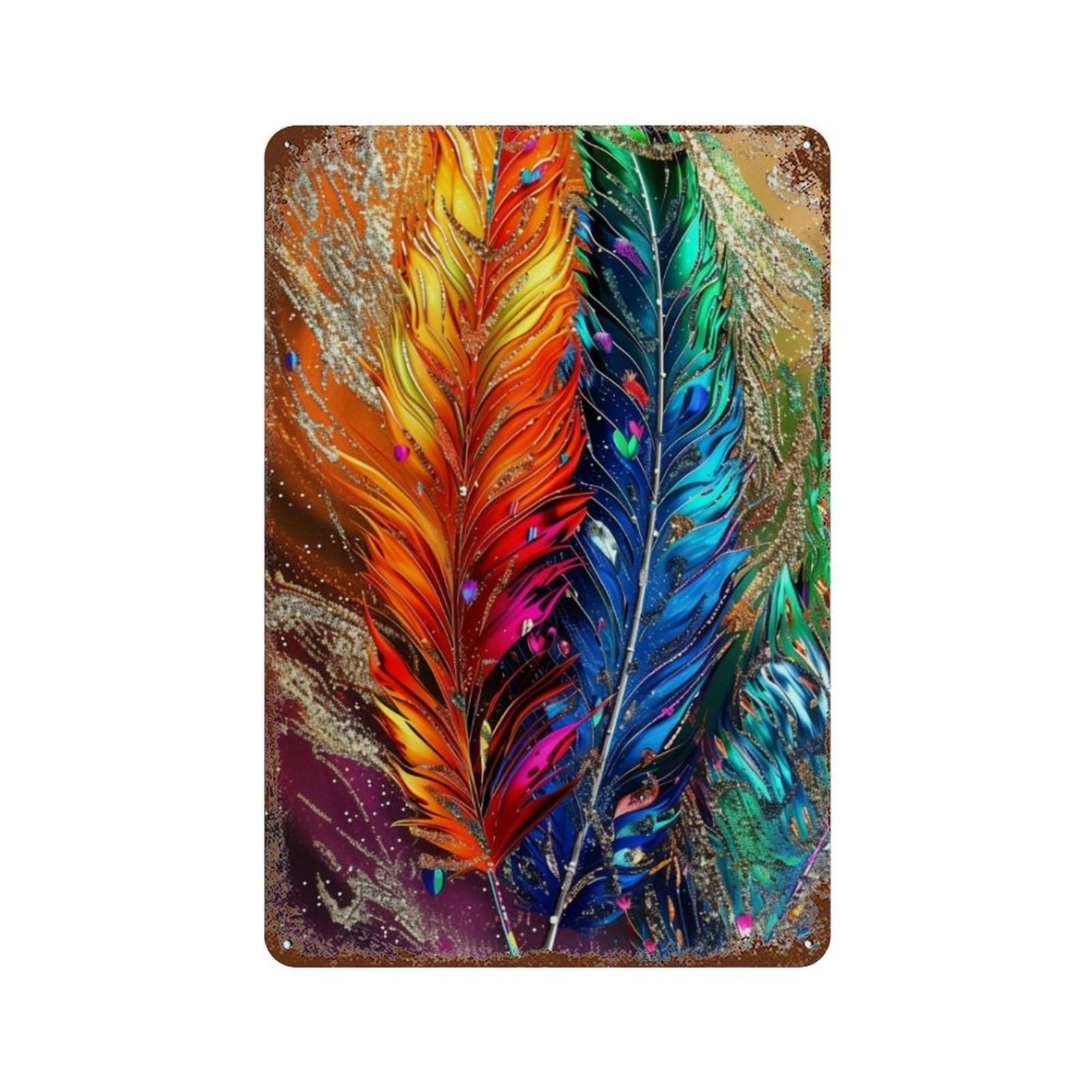 Colorful Feather Artwork Rust Effect Tin Sign 11.8"x7.9", Farmhouse Wall Decor for Bistro, Counter And Cafe Decor