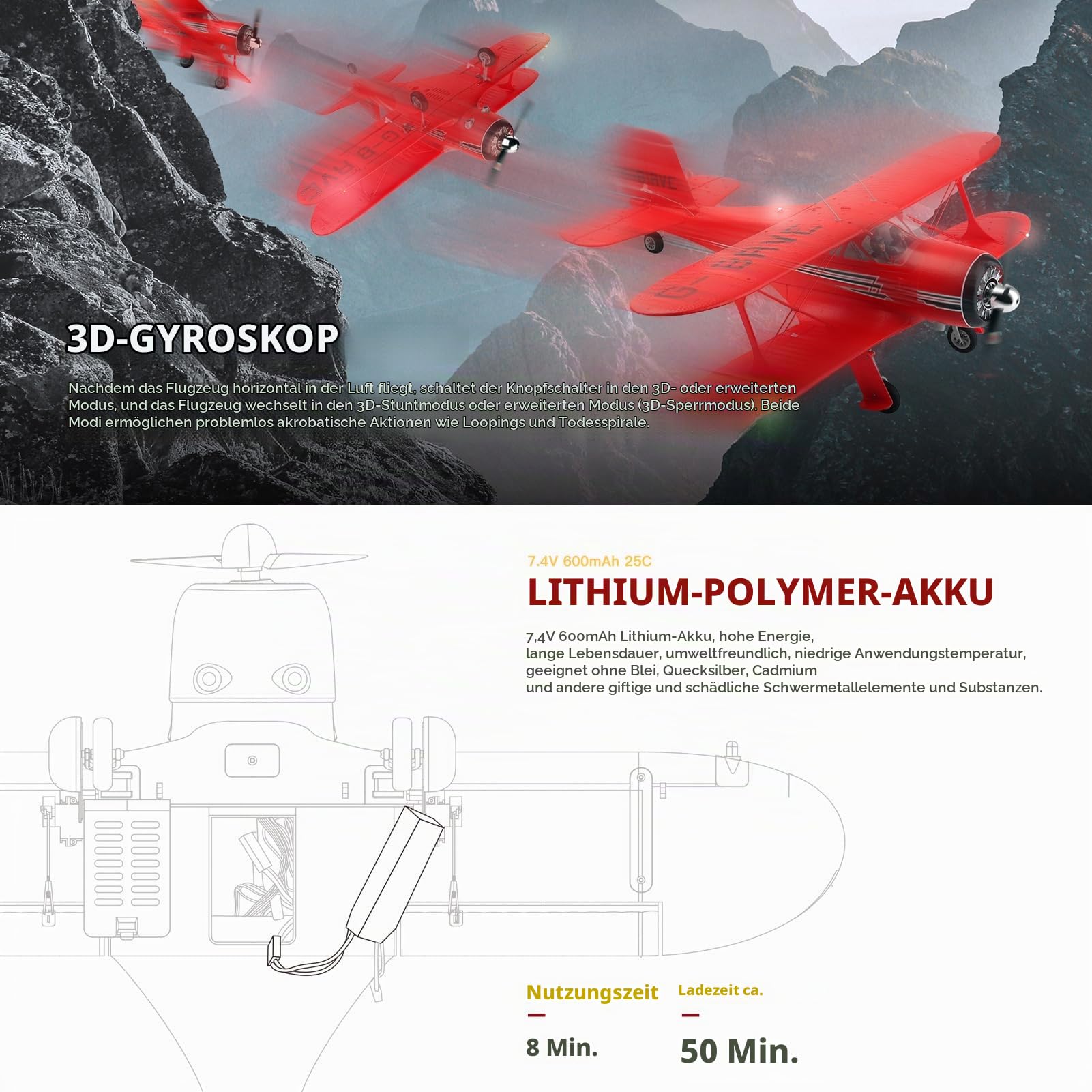 RC Flugzeug Wltoys A300 Ferngesteuertes Flugzeug 2,4 GHz Bürstenloses 6-Achsen-Gyroskop 6G Horizontalflug 3D-Stunt LED-Leuchten Alarm Bei Schwacher Batterie Geschenk Für Kinder Erwachsene Rot