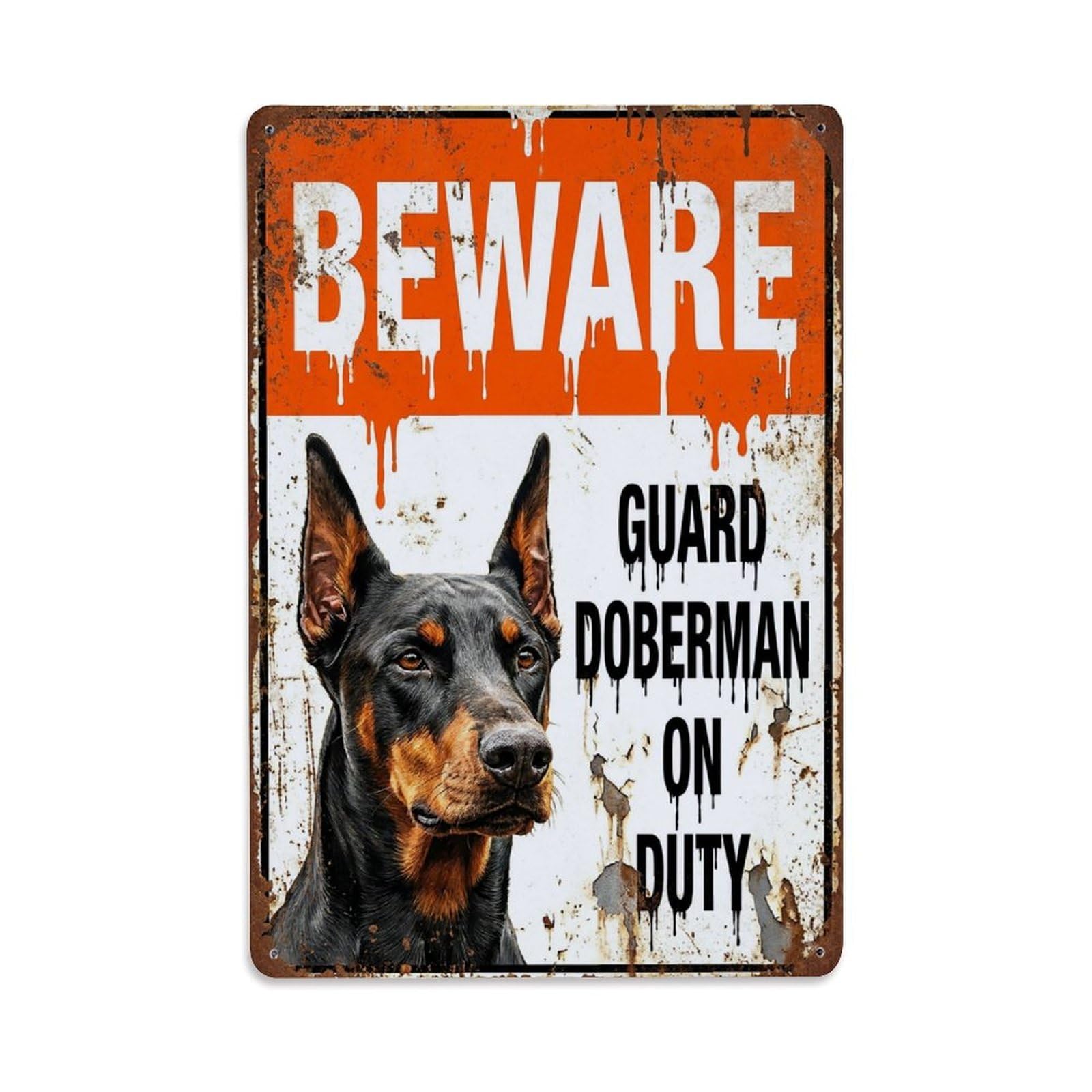 Vintage Funny Doberman Guard Beware of Dog Deck Metal Tin Sign Plaque Wall Decor for Cafe, Club Bar, Office, Garden Metal Poster 8x12Inch