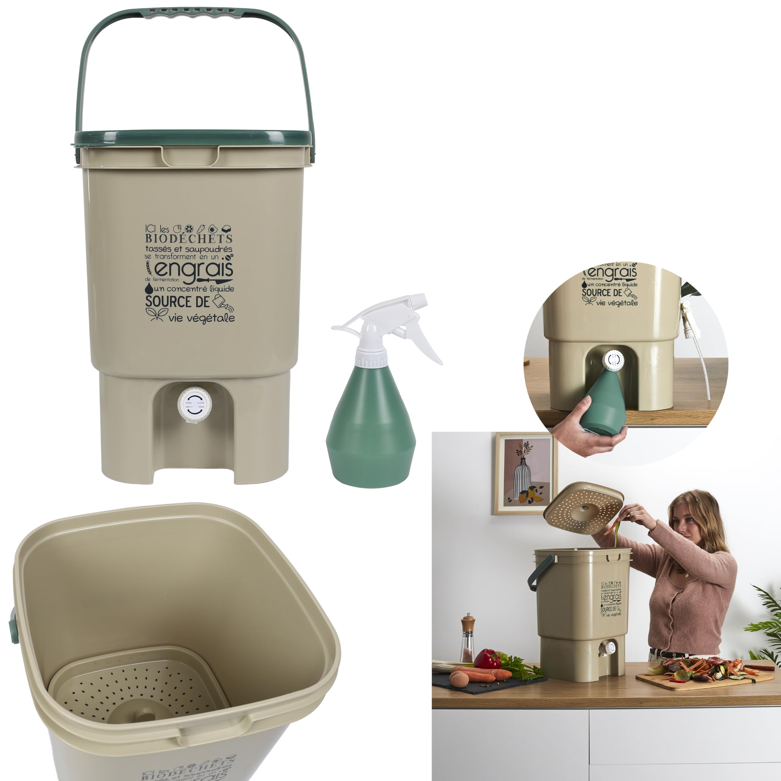 JECHERCHE UNE IDÉE - ME0022 Composteur de Cuisine avec Robinet et Spray - Collecte Intérieure - Méthode Bokashi - Tamis Inclus - Vaporisateur 400mL - Pratique et Fonctionnel