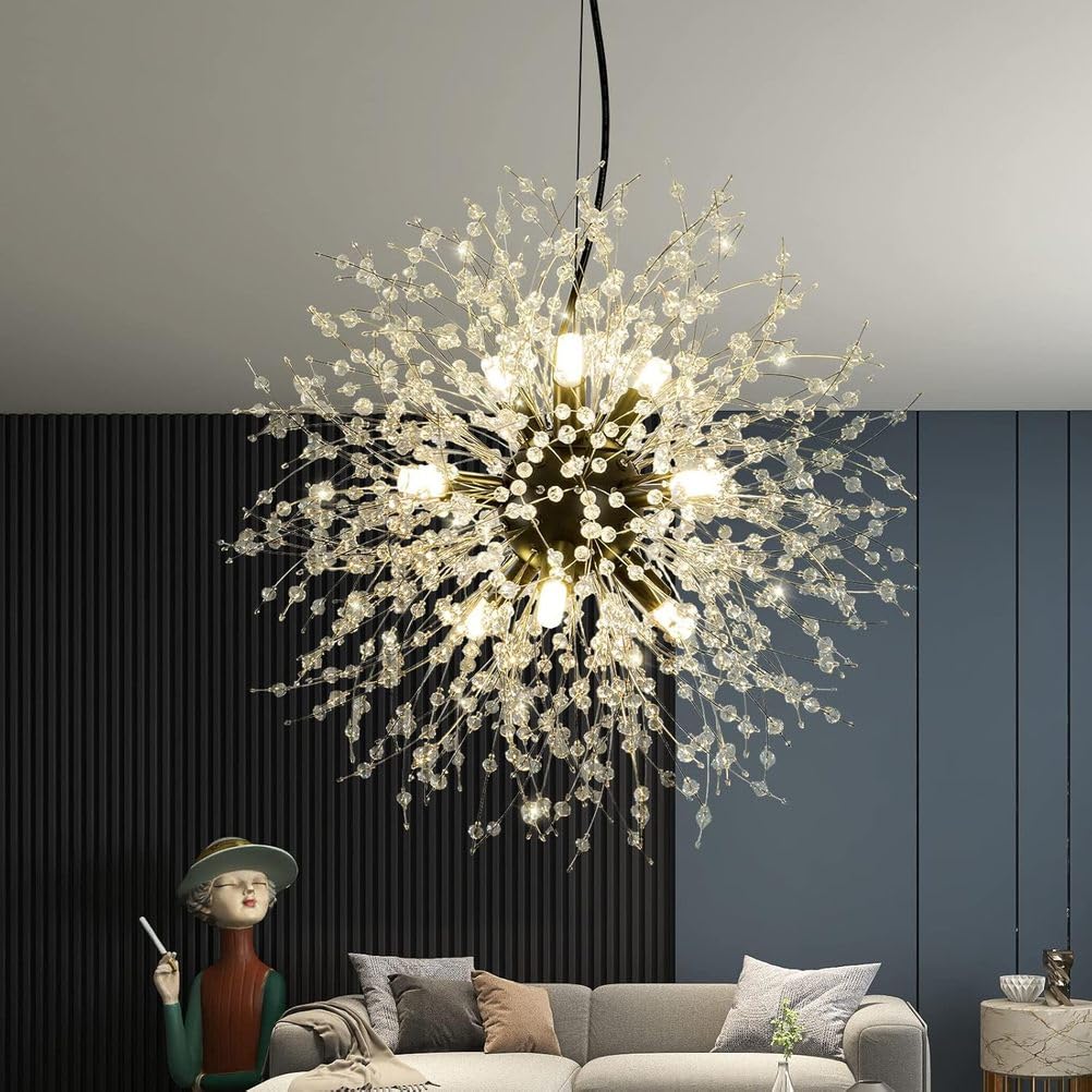 KXEcoLife Modern Crystal Chandeliers Firework, Light Fixture, Dandelion Chandelier for Living Room Dining Foyer Hallway Entryway Kitchen Bedroom,Black,9Light