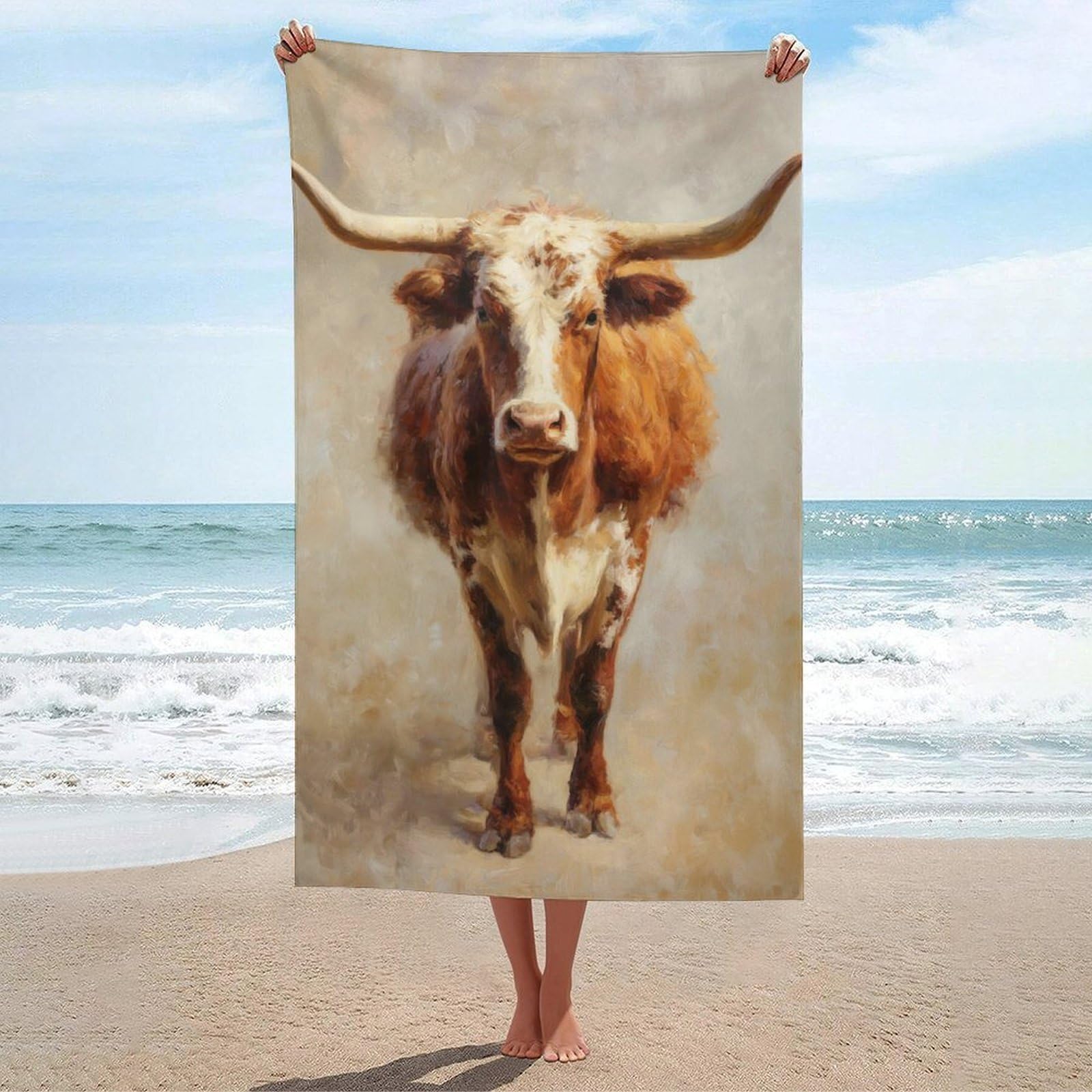 asbwuo Rustic Longhorn Cow on Beige Vintage Beach Towel