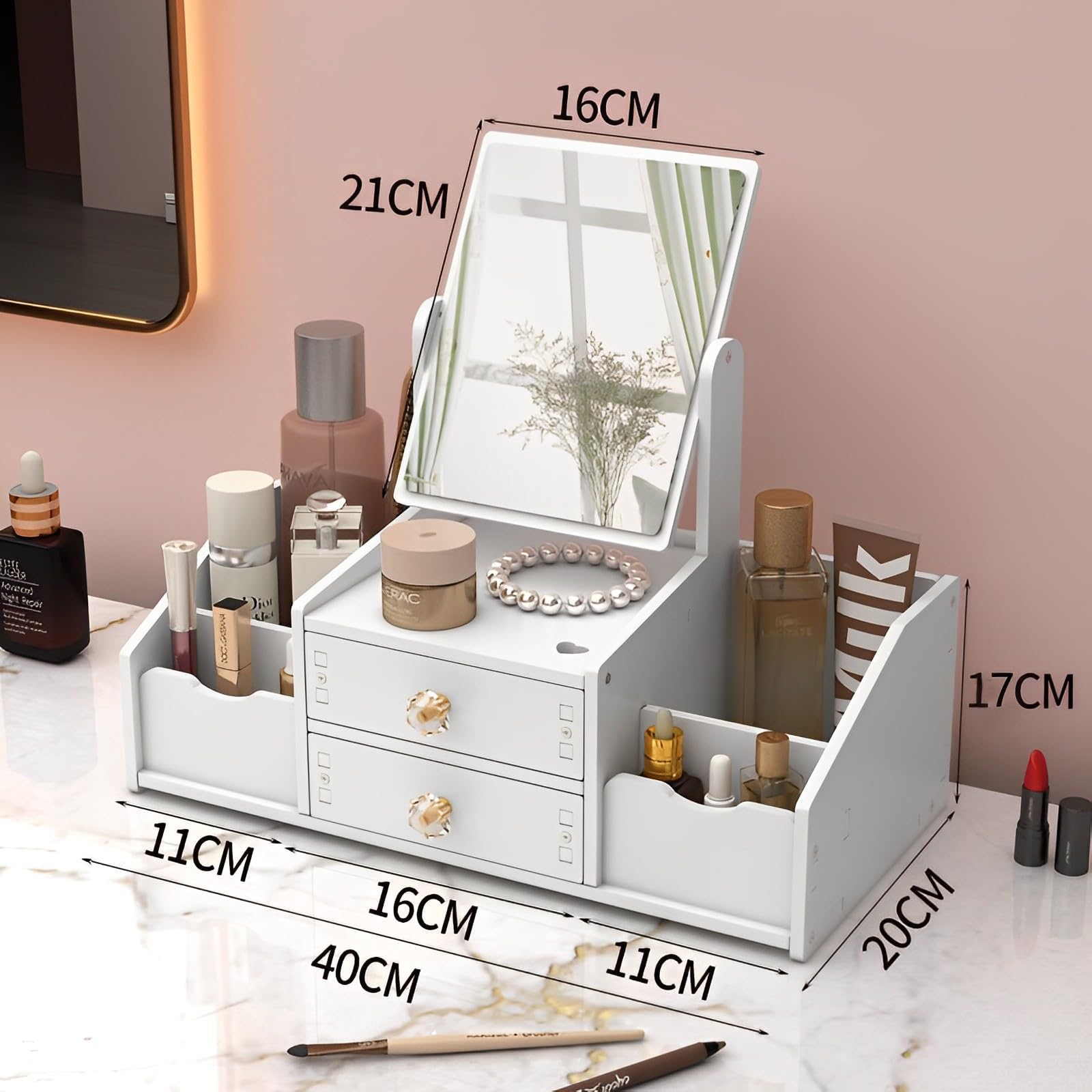 Organizzatore Trucchi,Organizzatore Cosmetico,Cassetto Domestico Con Specchio Per il Trucco Scaffale Organizzatore Porta Trucchi Organizer da Tavolo Bianco,Per Toletta/Camera da Letto/Bagno