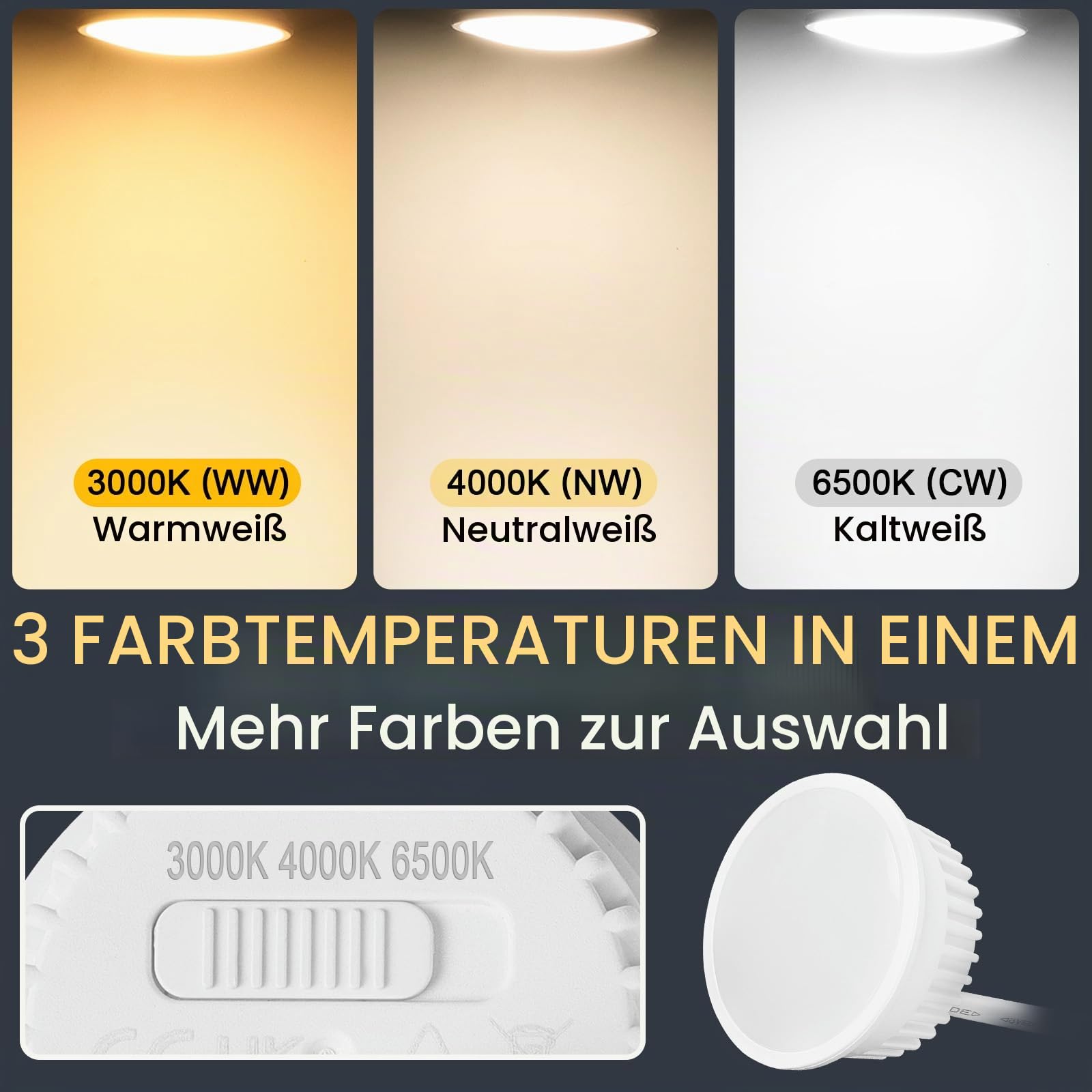 YindaLux 10er Set LED Modul Dimmbar ø50x23mm für Einbaustrahler Aufbauspot 4.9W 500LM 3CCT Warmweiss 3000K Neutralweiss 4000K Kaltweiss 6500K IP44 Wasserdicht 120°Modul Ersetzt GU10 MR16 Leuchtmittel