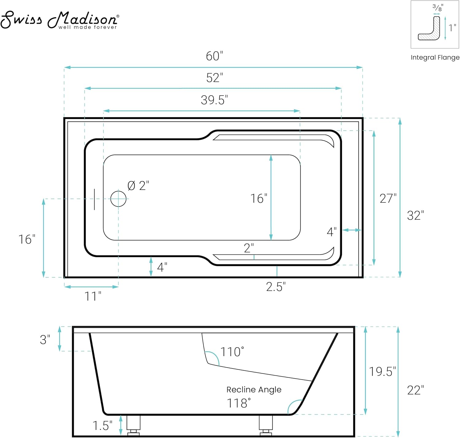 Swiss Madison Voltaire 60 x 32 Skirted Left Drain Soaking Apron Bathtub in Glossy White with Integrated Overflow and Armrest, Drain Included