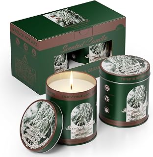 Balsam & Cedar Scented Candle Set | 2 Pack 510g 8% Essential Oils Long-Lasting 60H Burn | Pure Soy Wax Clean-Burning Smoke-Free | Aromatherapy Tin Jar Candles | Colorful Packaging Gift for Men&Women