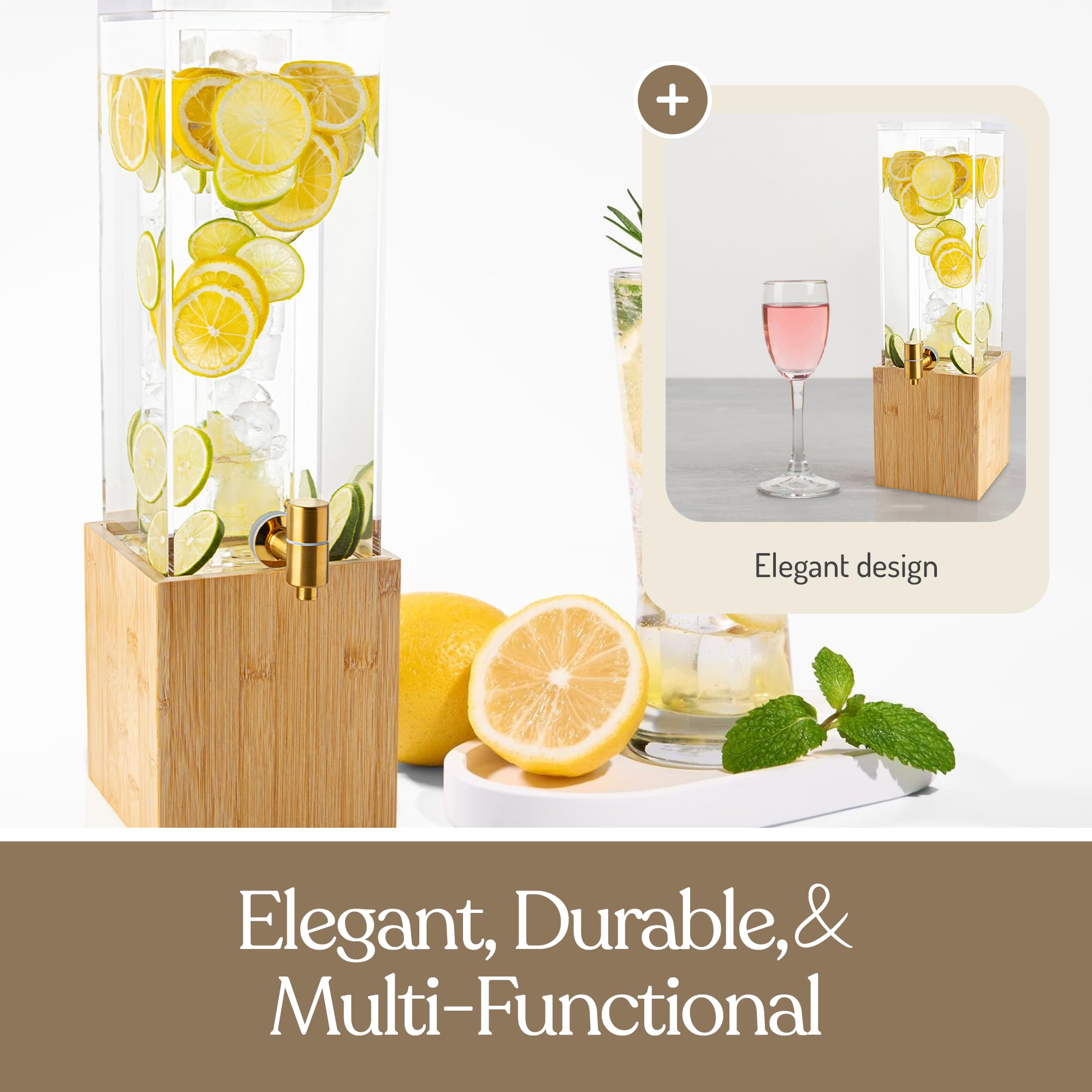 Dispensador de bebidas heladas de 1.25 galones con soporte, acrílico y bambú. Kitchentoolz