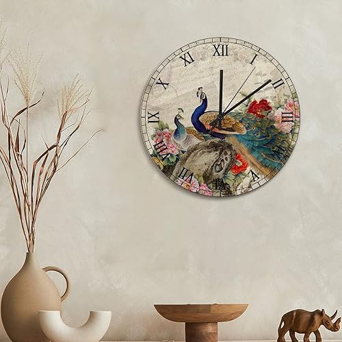 Miniatura 3 de Reloj de pared romántico vintage de pavo real asiático, pájaros de pavo real, animales, flores, redondo, funciona con pilas, reloj analógico