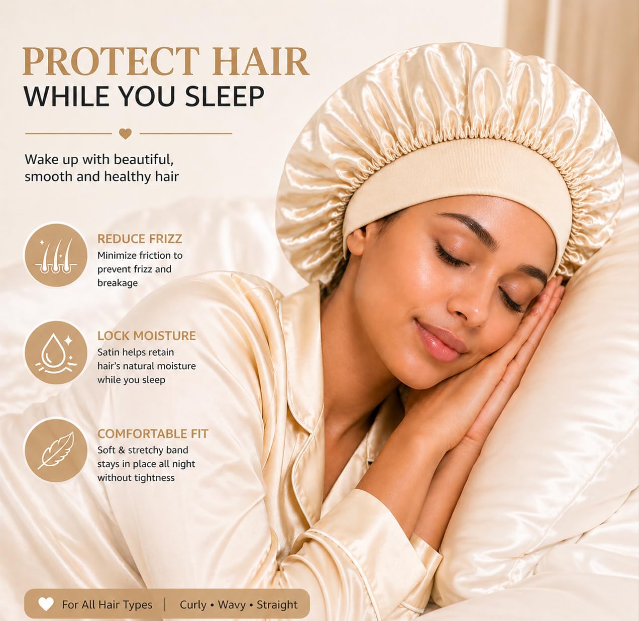 Satin Sleep Bonnet for Women, Hair Bonnet for Sleeping, Non Slip Elastic Night Cap, Stay On All Night, Reduce Frizz & Retain Moisture, for Curly Braids Long Hair (Beige)