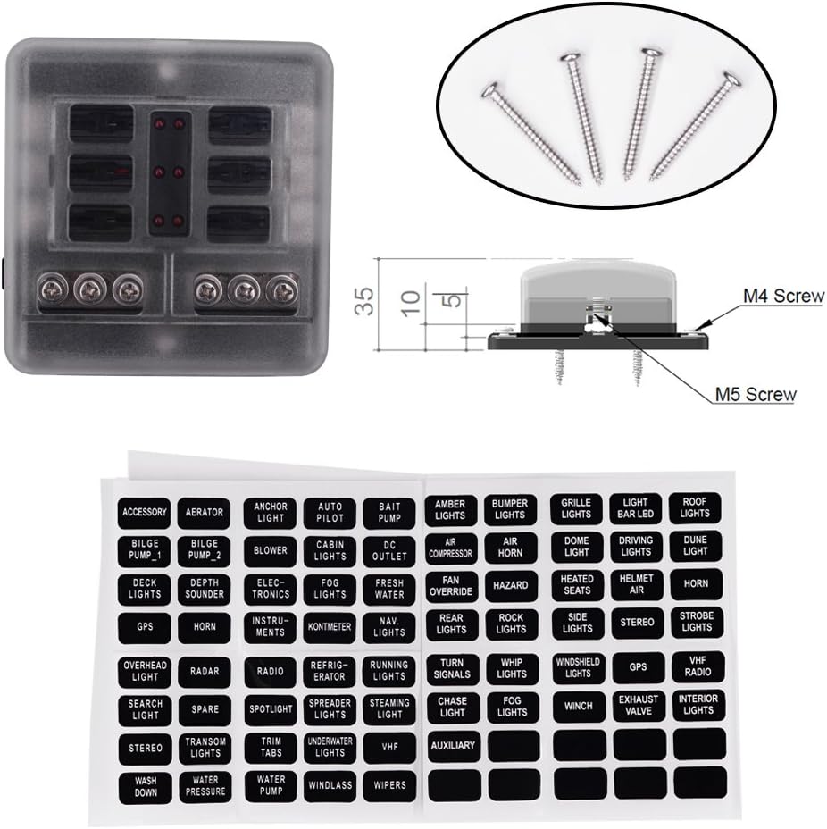 6-Way Fuse Block W/Negative Bus - JOYHO ATC/ATO Fuse Box with Ground, LED Light Indication & Protection Cover, Bolt Connect Terminals,70 pcs Stick Label, For Vehicle Car Boat Marine Auto : Automotive