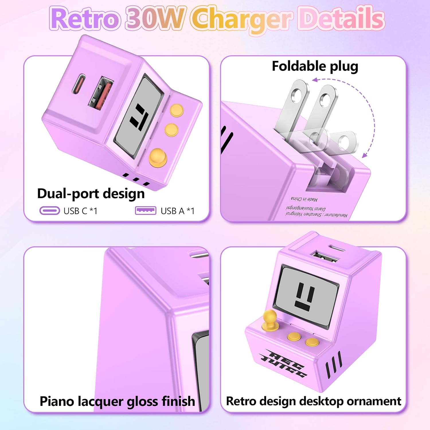 USB C Wall Charger Block with 3.3 FT Long Charging Cable Dual 30W USB A Charger Block with Foldable Plug 3A Fast Charging Type C Charger Cord for iPhone 17, Air, Pro, Pro Max, for Samsung, Purple - Image 3