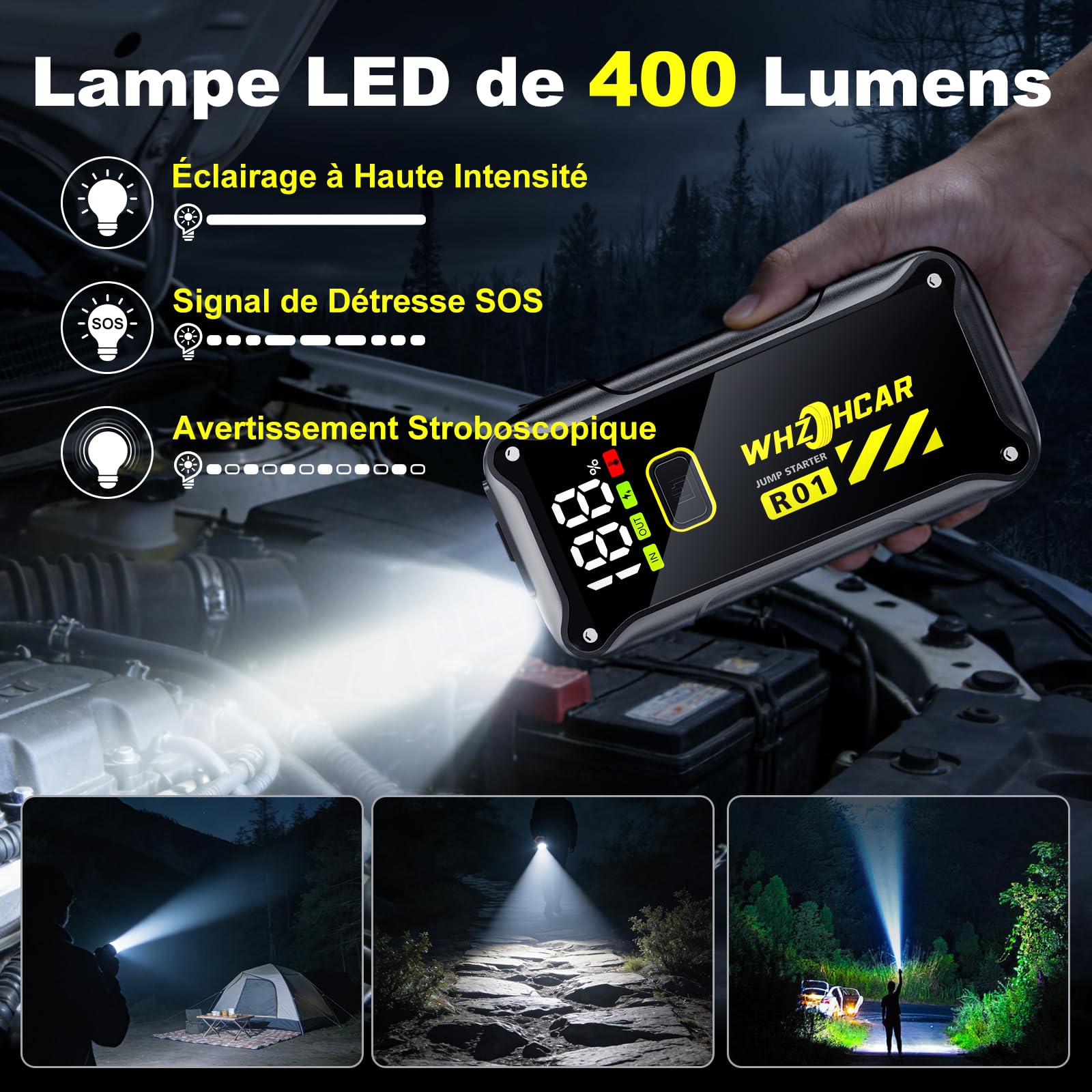 Booster Batterie Voiture 7000A Démarreur de Voiture 12V Démarreur de Batterie (Jusqu’à 10L Essence & 8L Diesel) Portable Jump Starter Moto Camion avec LED de Secours, Pinces de Sûreté Intelligentes