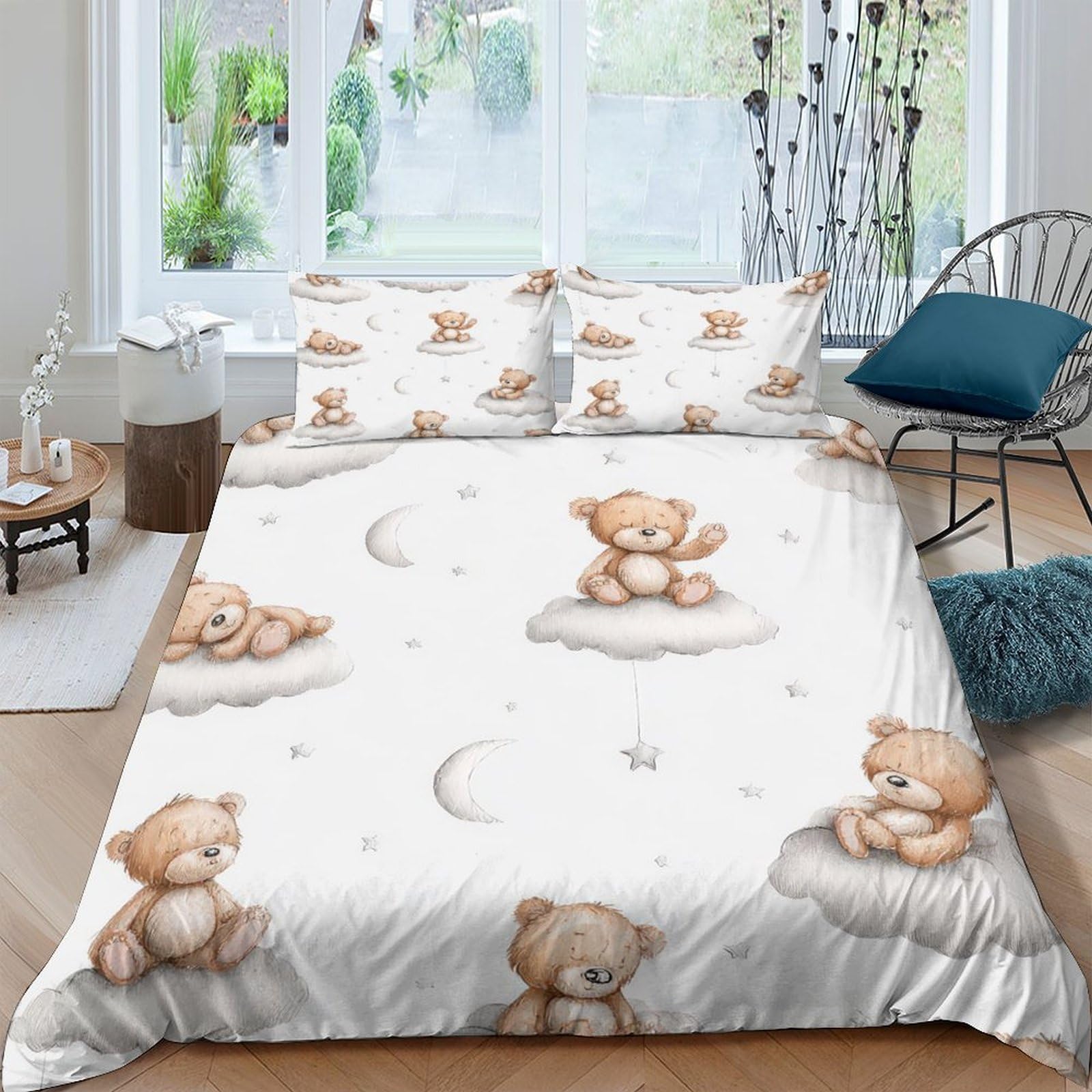 Ctjqhvkz Style-5 3D Printed Cute Teddy Bear Fitted Sheet Microfiber Soft Breathable Moon Star Mattress Cover For Bedroom Dorm Mattress Protector Single（135X200cm）