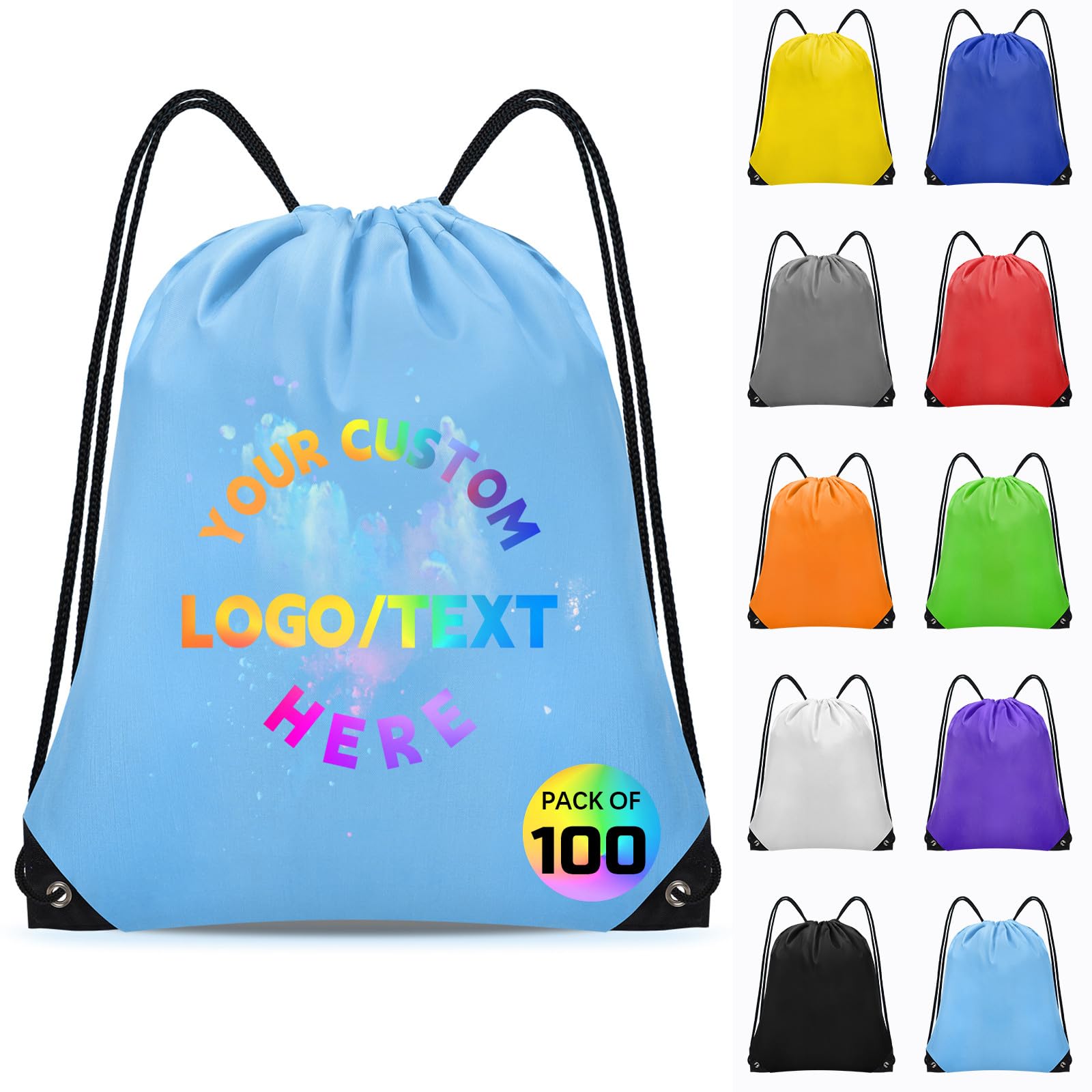 Grneric Custom Drawstring Backpacks Bulk 100 Pack, Drawstring String Bags Personalized Cinch Backpack for Gym, Sport, Travel, Sky Blue