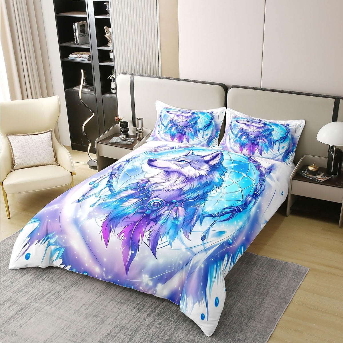 Homewish Ropa de cama de algodón con diseño de lobo, color azul y lila, diseño de atrapasueños, 135 x 200 cm