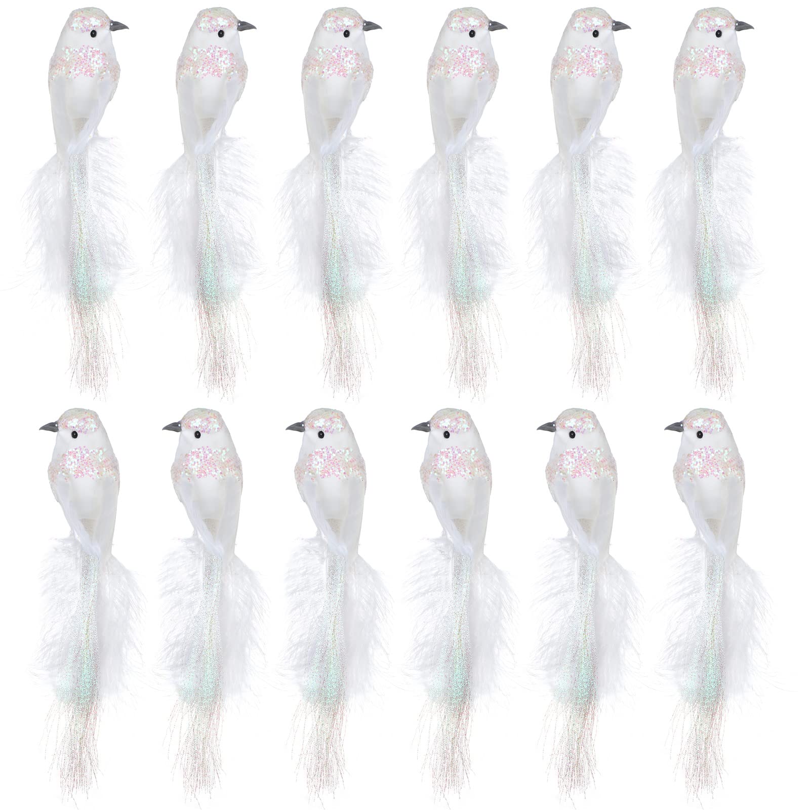Dcqry White 12Pcs Artificial Simulation Foam Birds, Feather Small Birds With Sequins Clip On Christmas Tree Ornaments For Christmas Tree Wreaths Garland Decorations