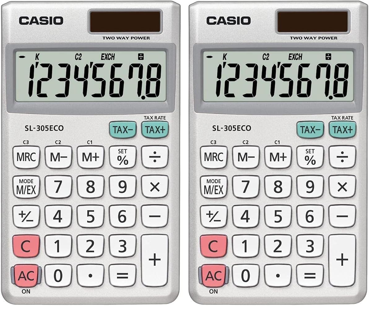 CASIO Taschenrechner SL-305ECO, 8-stellig, umweltfreundlich, Steuerberechnung, Aluminiumfront, Solar-/Batteriebetrieb (Packung mit 2)