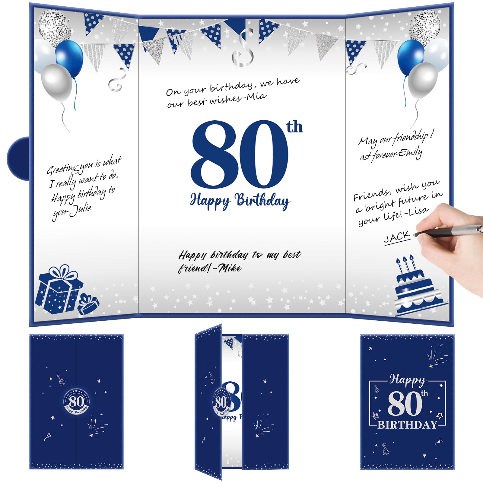 Eiurteao Large 80th Birthday Guest Book Card with Envelope Decorations for Men, Blue Silver Happy 80 Birthday Signature Book Jumbo Card Party Supplies