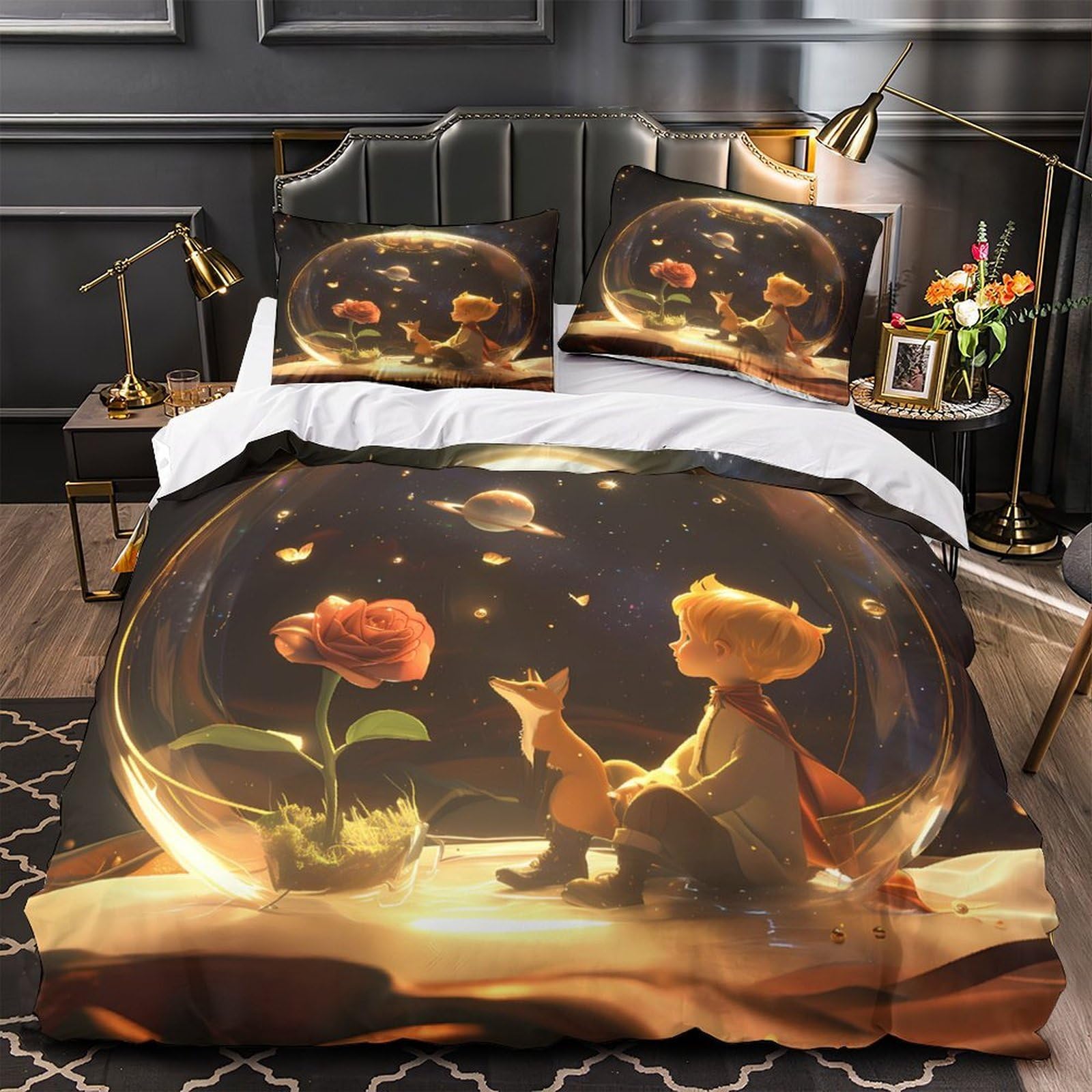 Parure de lit 140x200 microfibre hypoallergique avec housse de couette renard 3D respirante