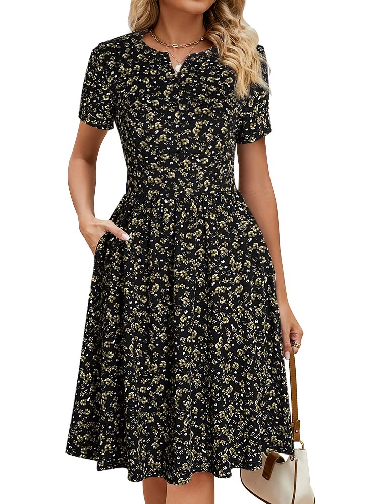 YATHON Women's Vintage Pleated Flared Swing A-Line Casual Party Work Dresses