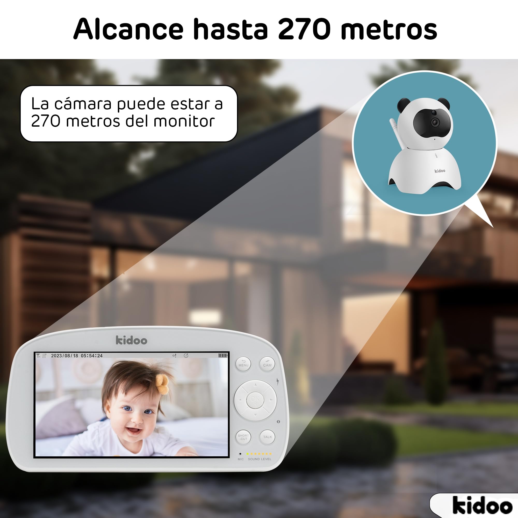 kidoo - Vigilabebés con Cámara y Audio, Monitor con Pantalla 720p HD de 5.5", Inteligencia VOX, Zoom x4, Visión Nocturna, Comunicación Bidireccional, Sensor de Temperatura y Alarma de Alimentación