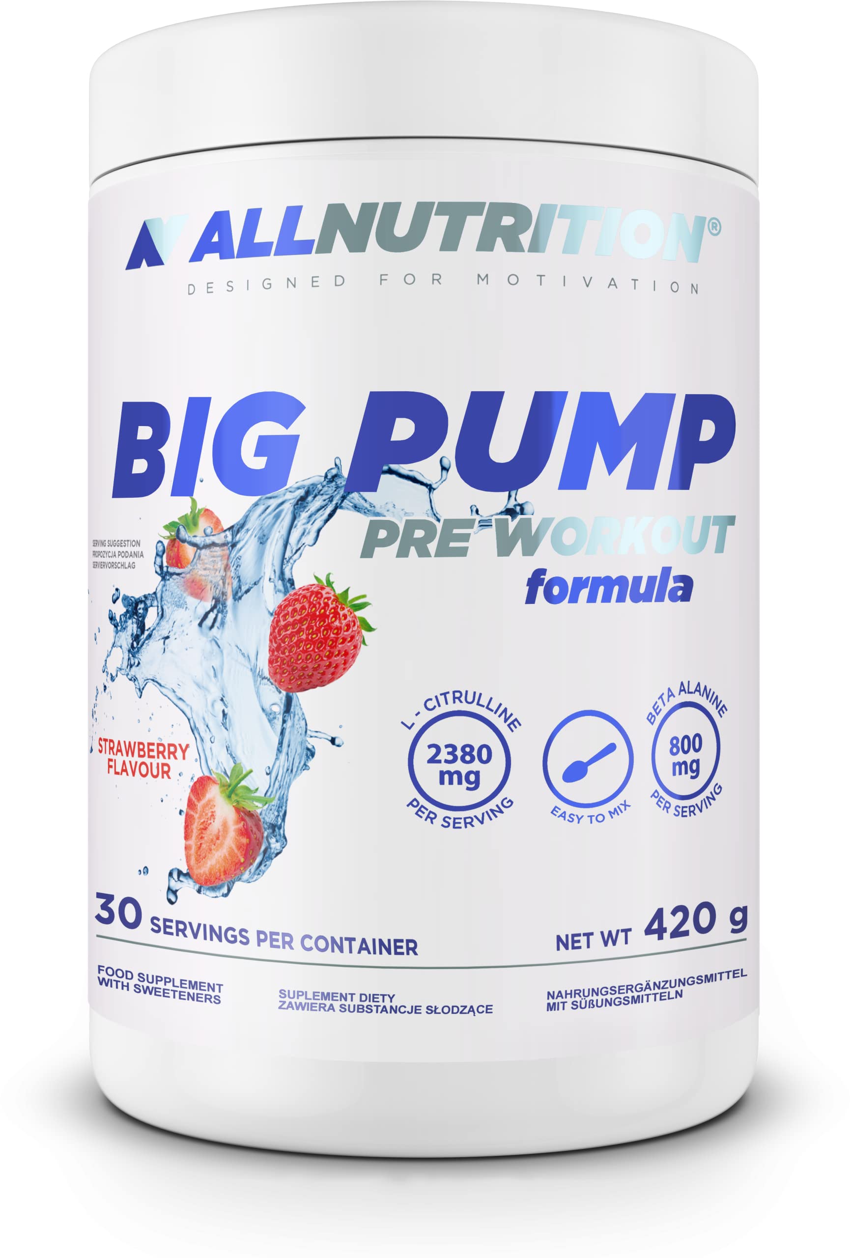 ALLNUTRITION Big Pump Pre Workout Performance Boost Nahrungsergänzungsmittel - L-Citrullin, L-Arginin, Taurin, Beta Alanin Mix - keine Stimulanzien - Instant Pulver 420g - Strawberry