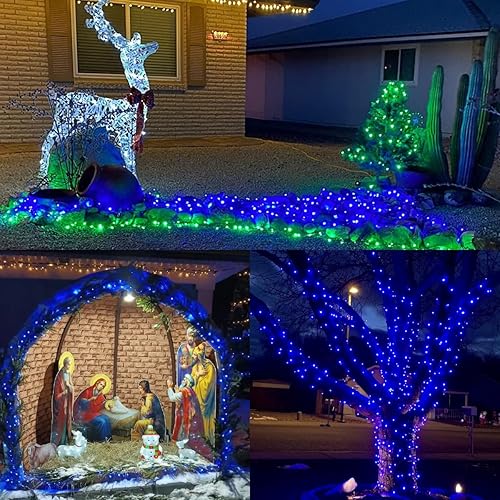 Miniatura 5 de YEGUO 500 luces LED de Navidad para interiores, tira de luces azules impermeables al aire libre, 8 modos de 165 pies, alambre verde, luces de árbol,