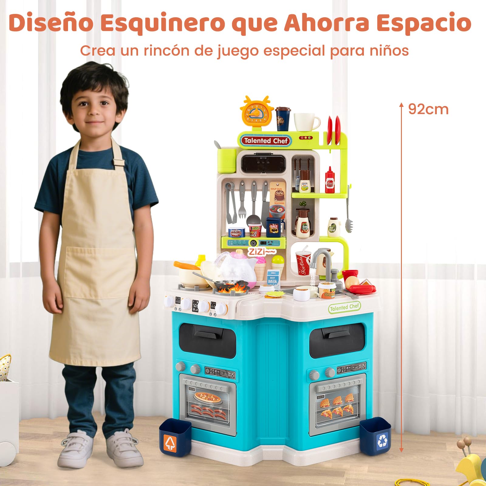 GOPLUS Cocina de Juguete para Niños, Cocinita Infantil con Sonidos y Luces, Fogón a Vapor Realista, Fregadero con Circulación de Agua, 75 Accesorios, Juego de Imitación para Niños de 3+ Años (Azul)