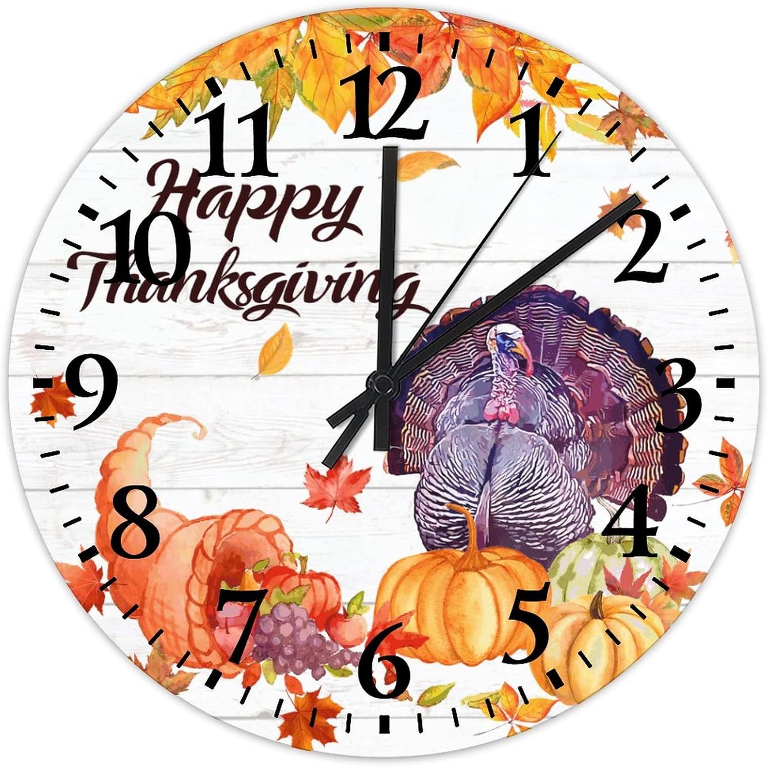 15 Inch Happy Thanksgiving Day Funny Turkey with Pumpkins Maple Leaves Clock Wooden Quality Quartz Non Ticking Seasonal Autumn Harvest Vintage Thanksgiving Wall Clock for Bedroom Round Clock