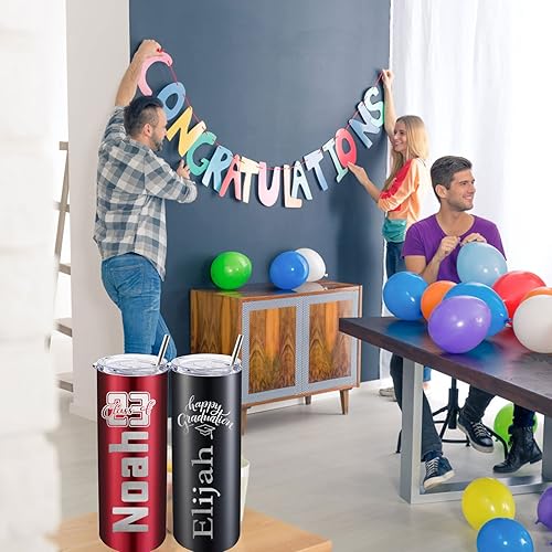 Miniatura 6 de Vaso personalizado para graduación, vaso delgado grabado con láser personalizado con popote y tapa, taza de café de acero inoxidable de 20 onzas con