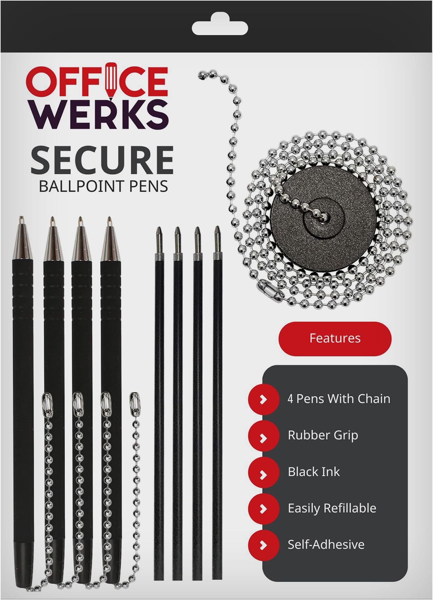 Office Werks Secure Ballpoint Pen With Chain And Desk Pen Holder Adhesive, Reception Counter Pen With 26" Ball Chain, 4 Pens With Chain Attached Per Pack, Rubber Grip, Black Ink, Easily Refillable