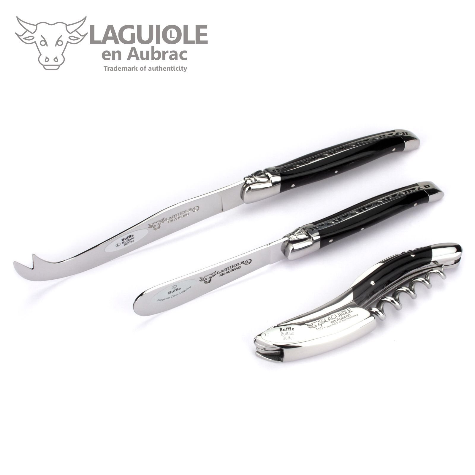 Laguiole en Aubrac - Set Kellnermesser Käsemesser Buttermesser - Griff Büffelhorn - Edles Wein Käse Besteck Geschenkset