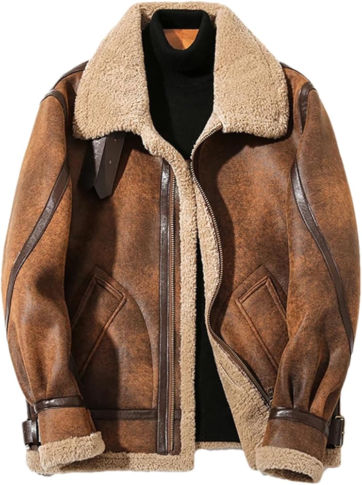 Amazon.com: Man Vintage Suede Fleece Leather Jacket Patchwork