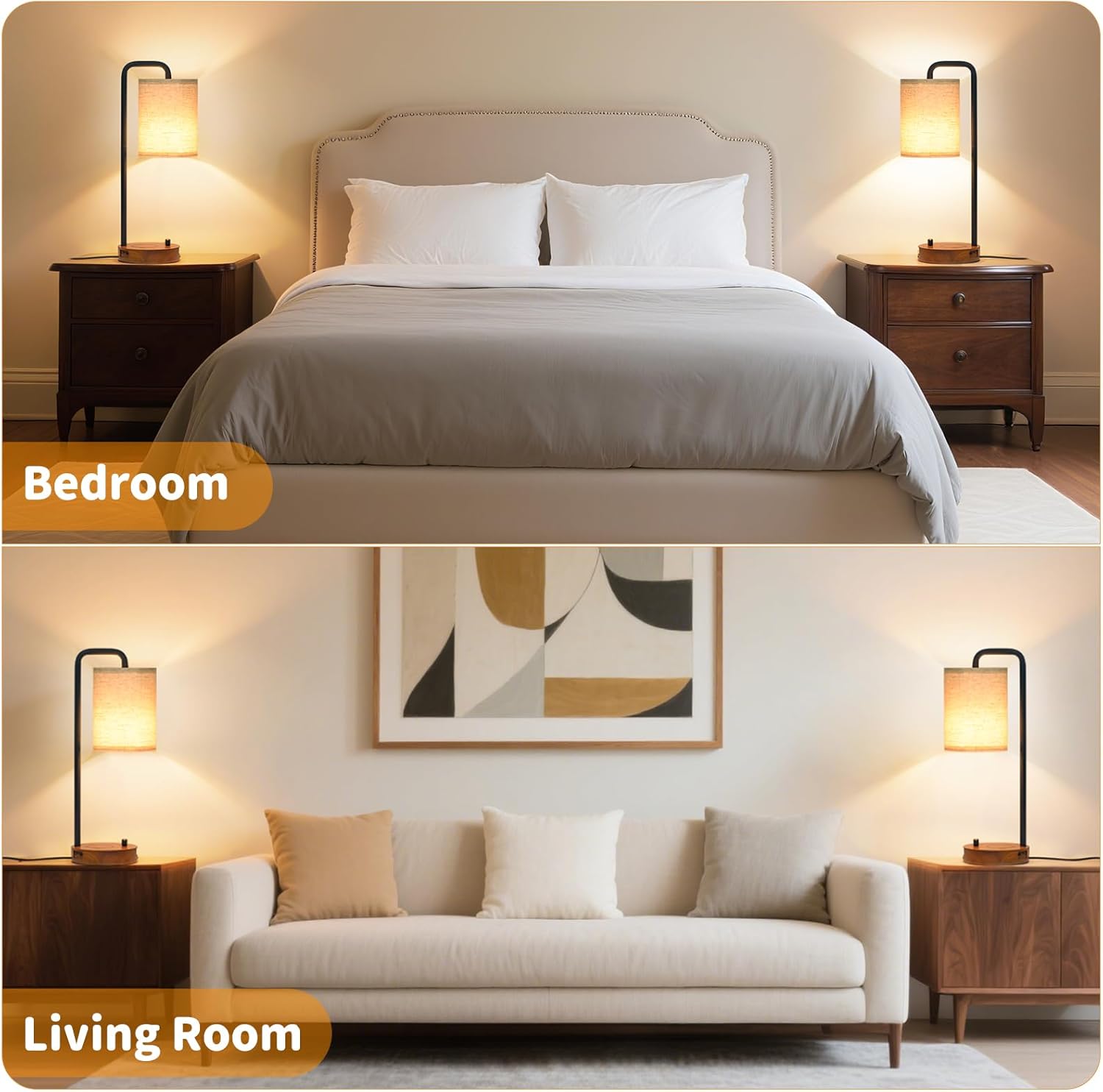 Table Lamps Set of 2 with USB Ports and Wooden Base, Bedside Nightstand Lamps with Warm White Bulbs, Fabric Shade for Bedroom, Living Room, Office, Boho