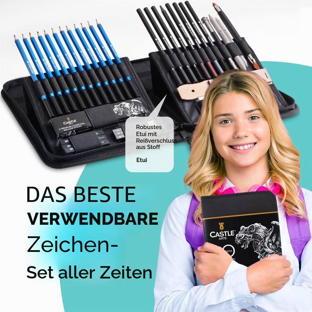 Castle Art Supplies 40-teiliges -Zeichen- und Skizzier-Set mit Anleitung | Für Künstler, Profis oder Anfänger | Zeichenstifte, Kohle, Graphit und mehr | Im übersichtlichen Reißverschlussetui