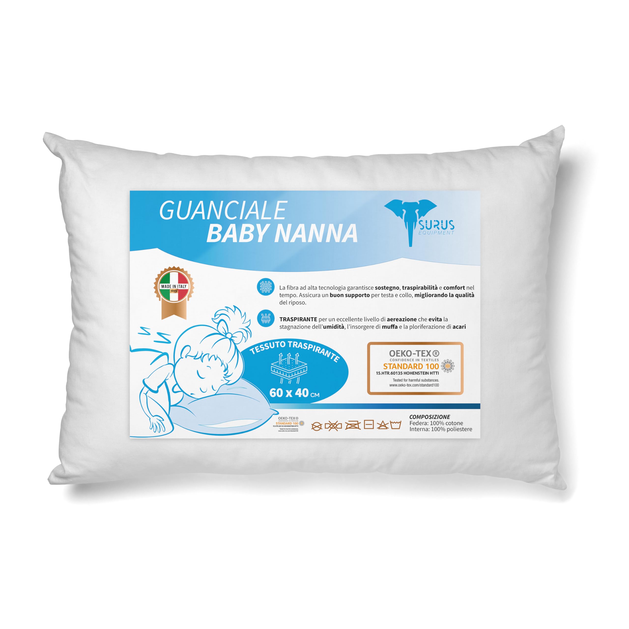 Coussin lit bébé 40 x 60 cm, 100 % fabriqué en Italie et OEKO-TEX®, hypoallergénique et anti-acariens avec revêtement 100 % coton, doux, lavable, sûr, confort et sécurité pour le sommeil de votre