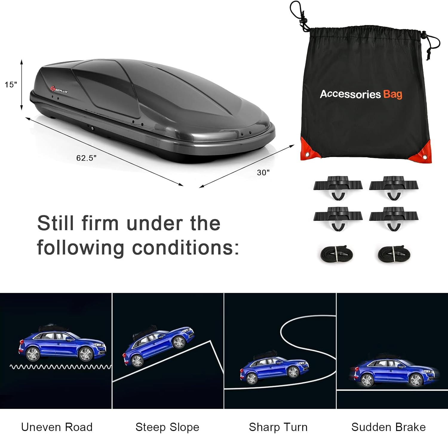 Goplus Rooftop Cargo Carrier Hard Shell, 14 Cubic Feet Waterproof Car Roof Cargo Carrier w/Dual Side Opening, Security Key, 165LBS Capacity, for 17” to 22.8” Wide Crossbar Rack, Vehicle Cargo Box