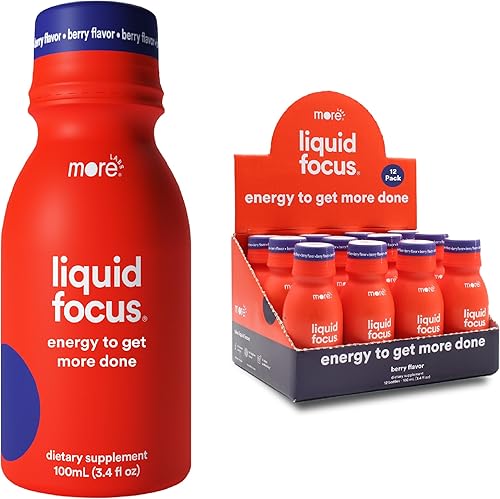 More Labs Liquid Focus, bebida inteligente nootrópica con potentes hierbas adaptogénicas, 150 mg de cafeína, sabor a bayas, 12 botellas