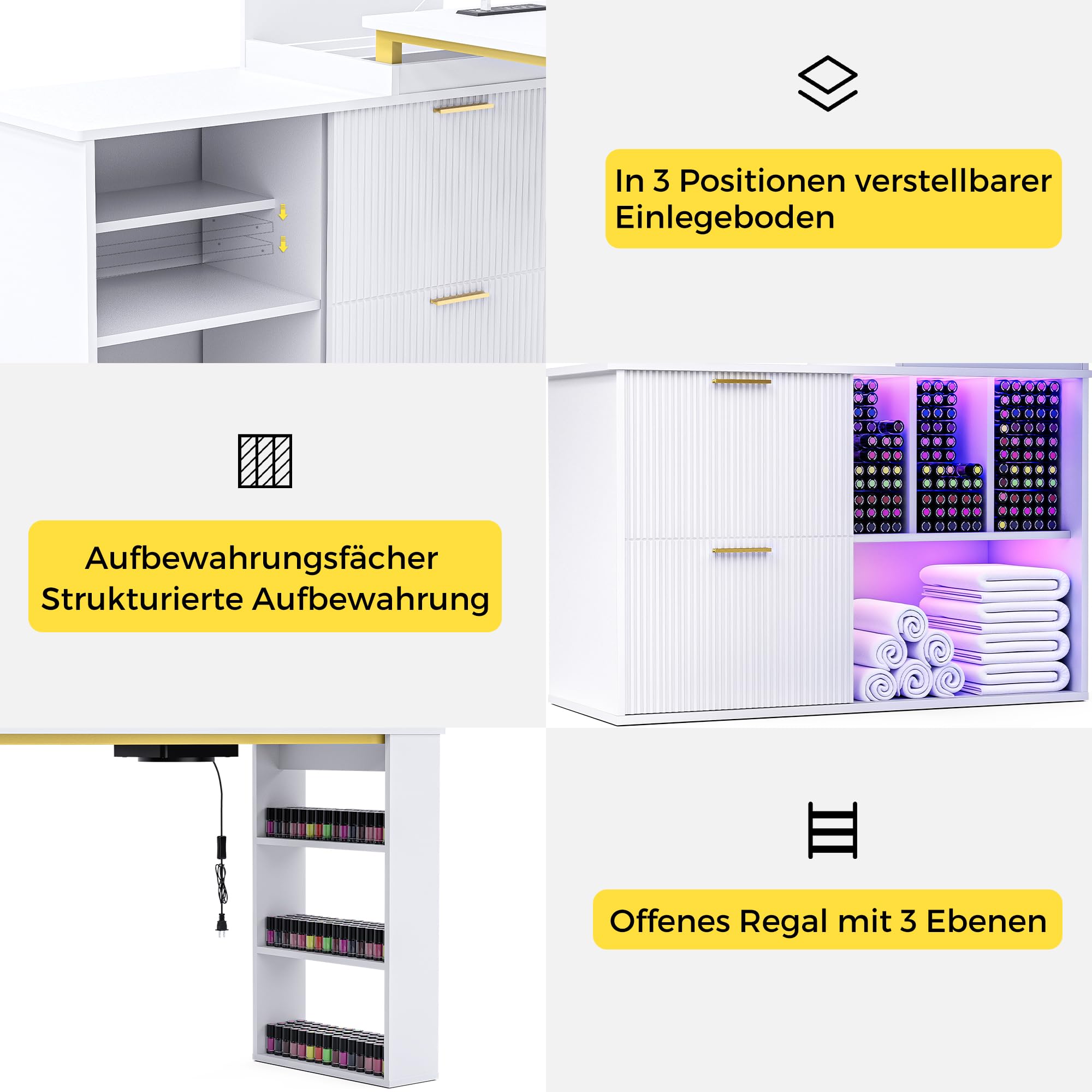 Nageltisch mit Staubabsaugung RGB App-Steuerung, Längenverstellbarer Manikürtisch mit Schrank, Großer Stauraum für Profi Nagelstudio & Nageldesign, Weiß