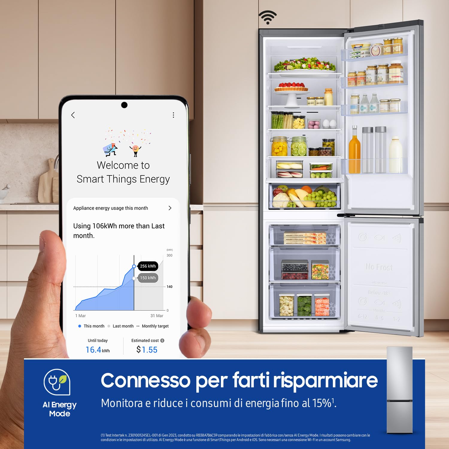Samsung EcoFlex AI Frigorifero Combinato RB38C600DSA/EF, Wifi, All-Around Cooling, Space Max, Total No Frost, 390 L, LxAxP: 59,5 x 203 x 65,8 cm, Silver Inox
