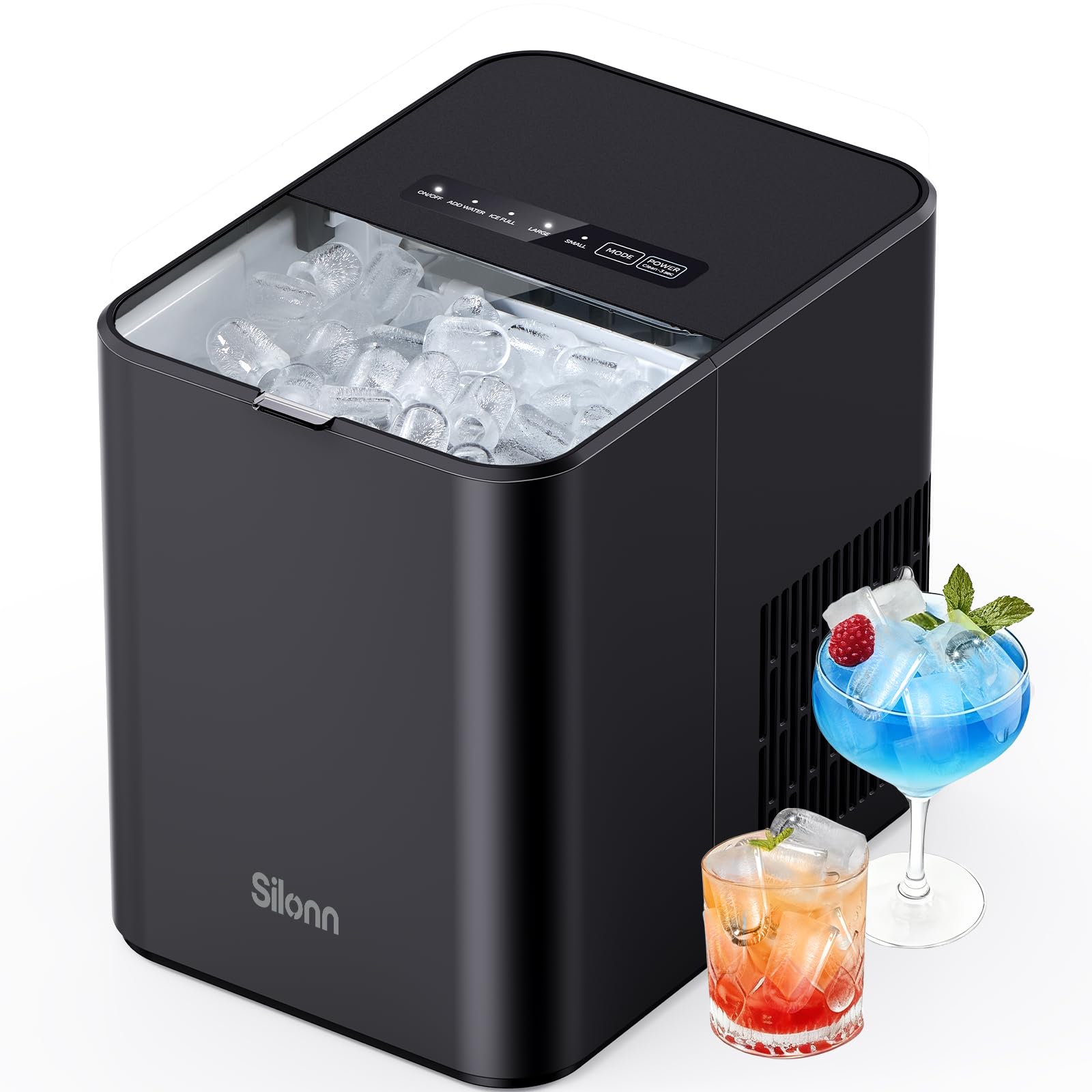 Silonn Ice Maker Countertop, Portable Ice Machine, 8 Bullet Ice Cubes in 6 Mins, 12kg/24H, Self-Cleaning Ice Maker, 2 Ice Sizes for Kitchen, Home, Office, Party & RV Camping