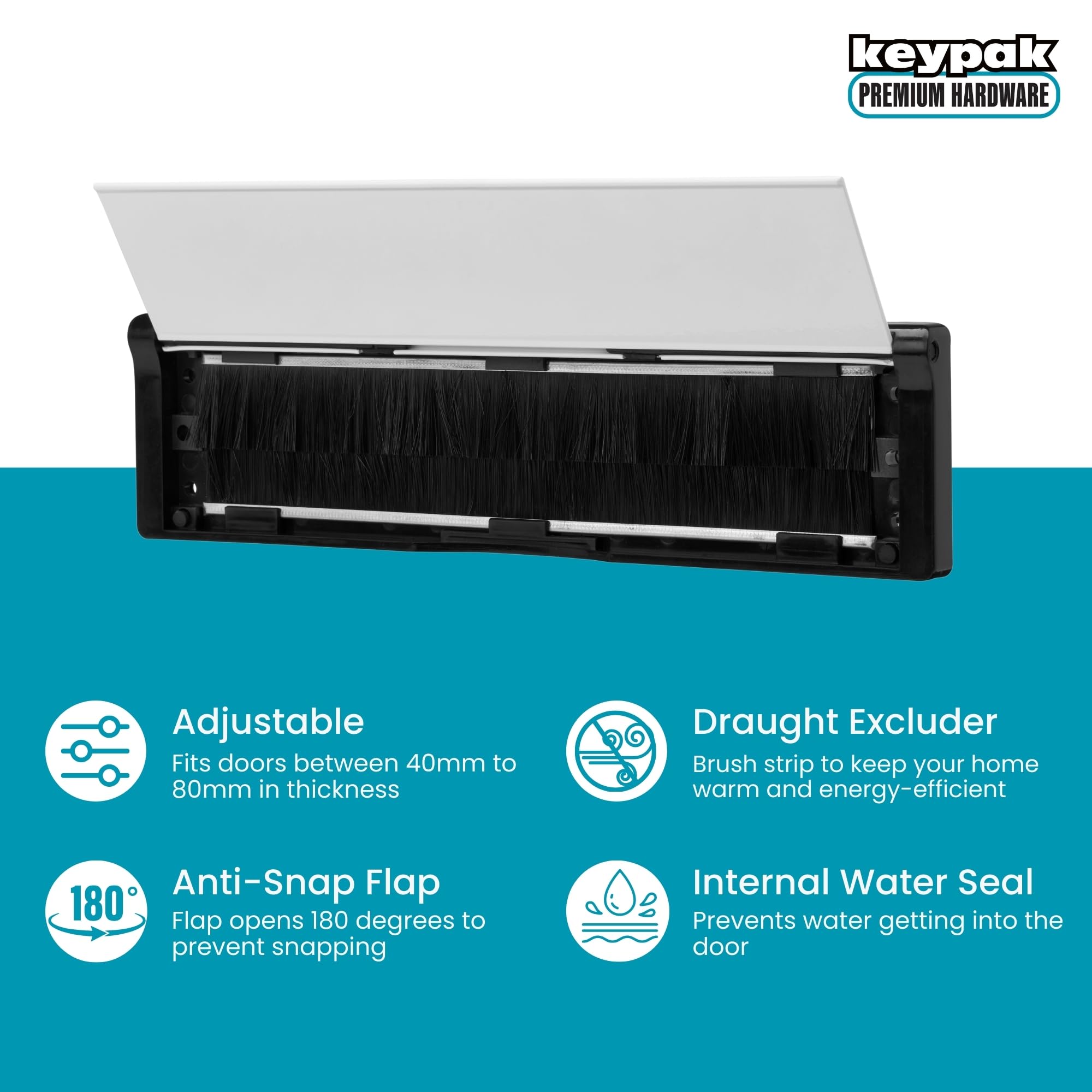 Keypak 10" (27cm) Door Letter Box - Adjustable Letterbox for UPVC Composite Timber Doors (Black/White, 40-80mm) - Image 2