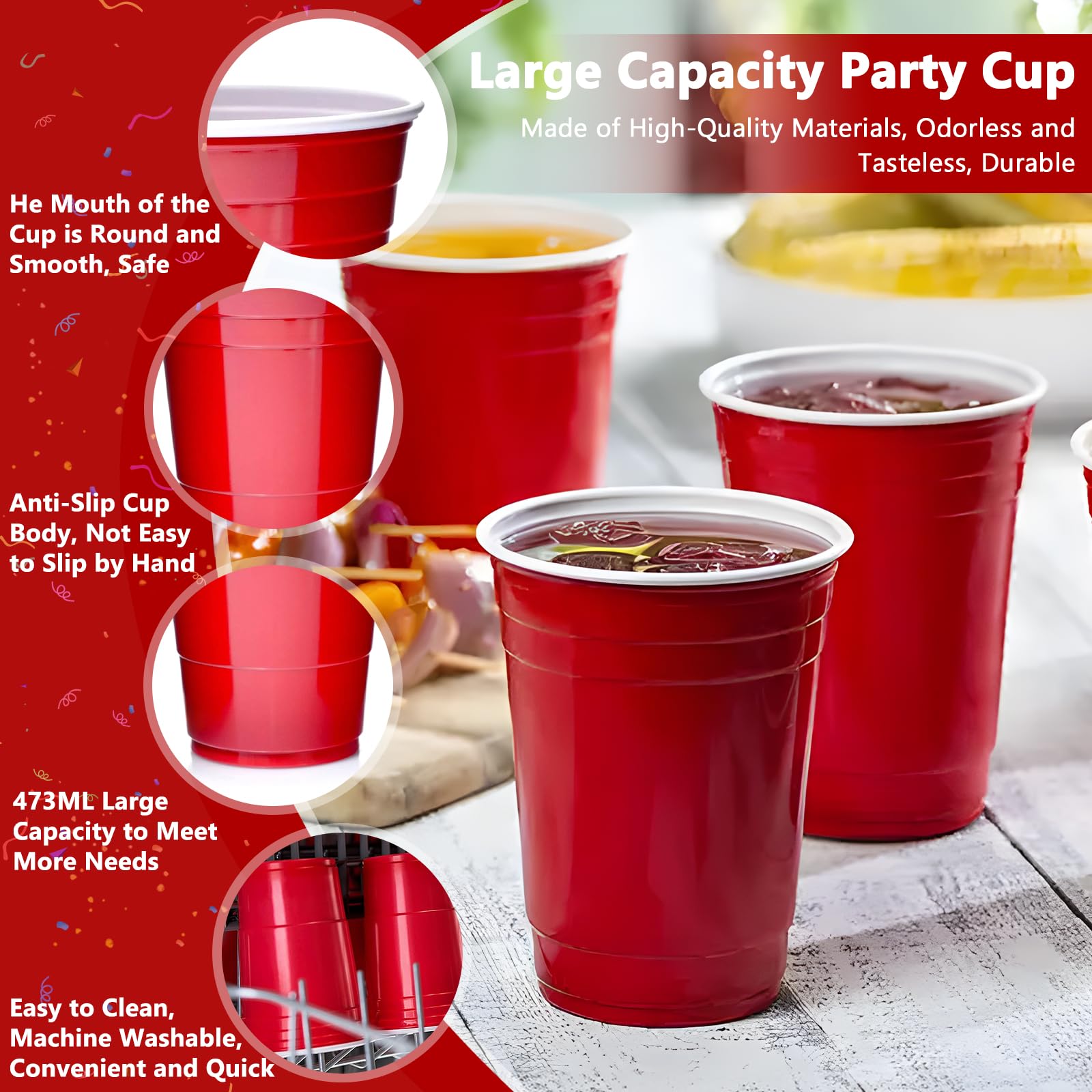 100 Bicchieri Di Plastica Riutilizzabili Per Feste - 473 Ml (16 Oz), In PP, 4 Colori (Rosso, Blu, Arancione, Verde), Impilabili, Lavabili In Lavastoviglie - 3